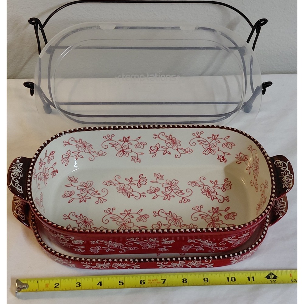 Temp-tations by Tara Floral Lace 2 Qt Baking Dish Set w Lid Tray Rack Red Floral - Picture 10 of 12